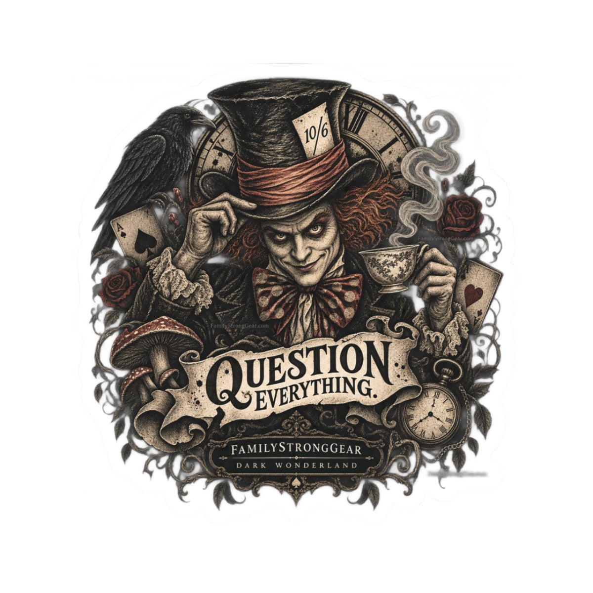 Mad Hatter 'Question Everything' Kiss-Cut Sticker — Dark Wonderland Illustration