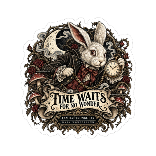 Alice White Rabbit Sticker — “Time Waits for No Wonder” Gothic Vintage Kiss-Cut