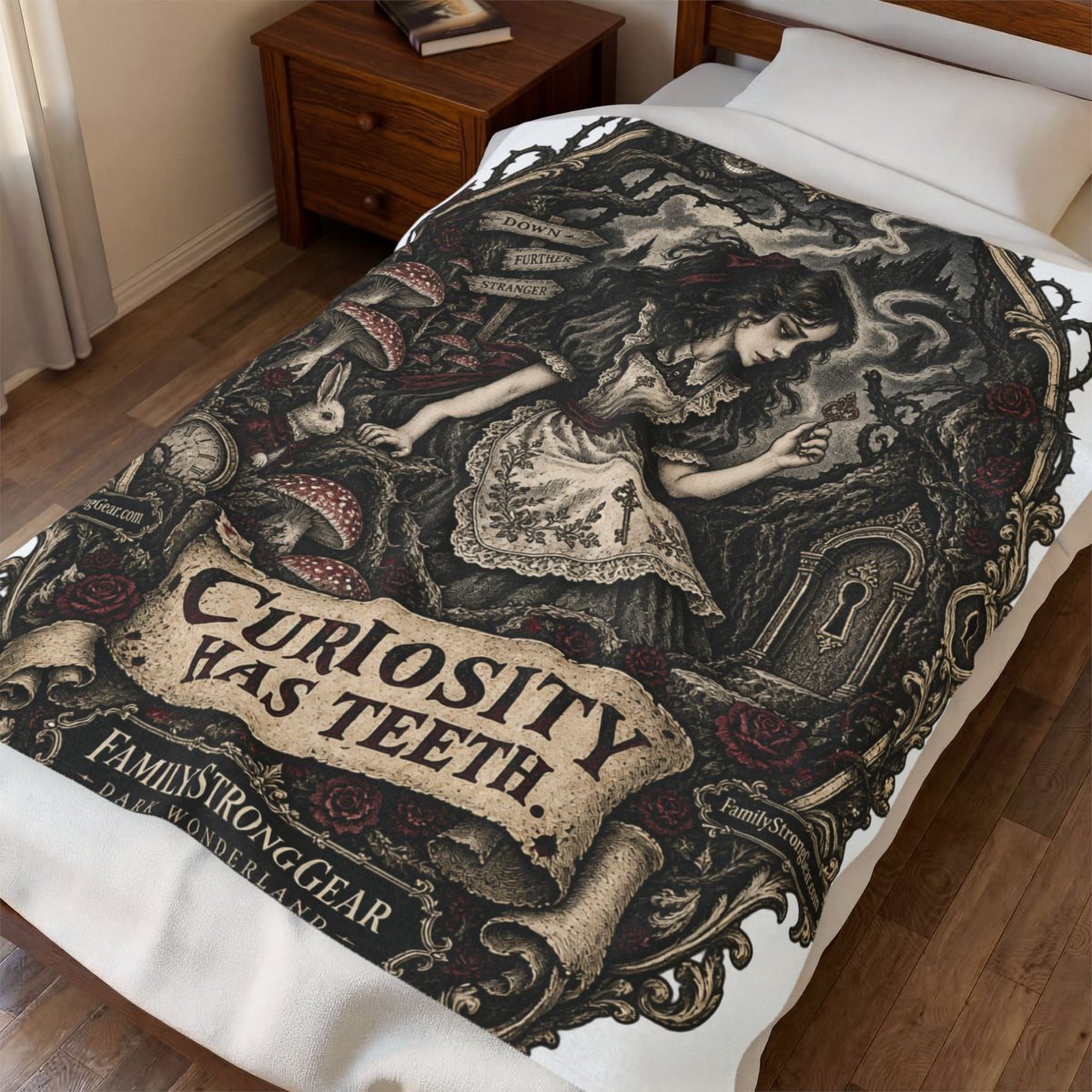 Dark Wonderland — Alice “Curiosity Has Teeth” Plush Blanket