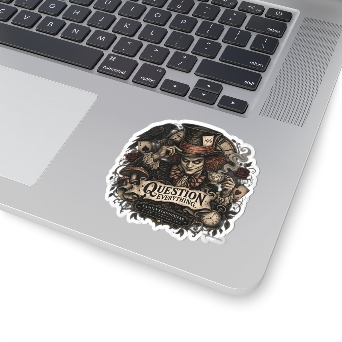 Mad Hatter 'Question Everything' Kiss-Cut Sticker — Dark Wonderland Illustration