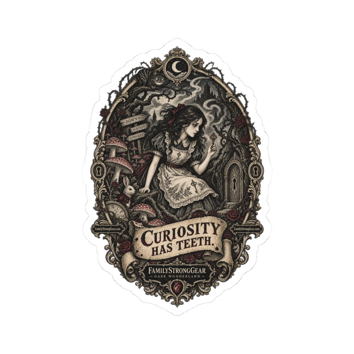 Curiosity Has Teeth Alice-Inspired Kiss-Cut Sticker — Gothic Vintage Illustration
