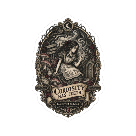 Curiosity Has Teeth Alice-Inspired Kiss-Cut Sticker — Gothic Vintage Illustration