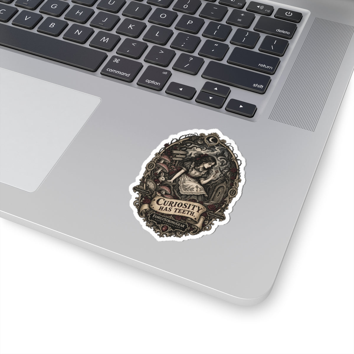 Curiosity Has Teeth Alice-Inspired Kiss-Cut Sticker — Gothic Vintage Illustration